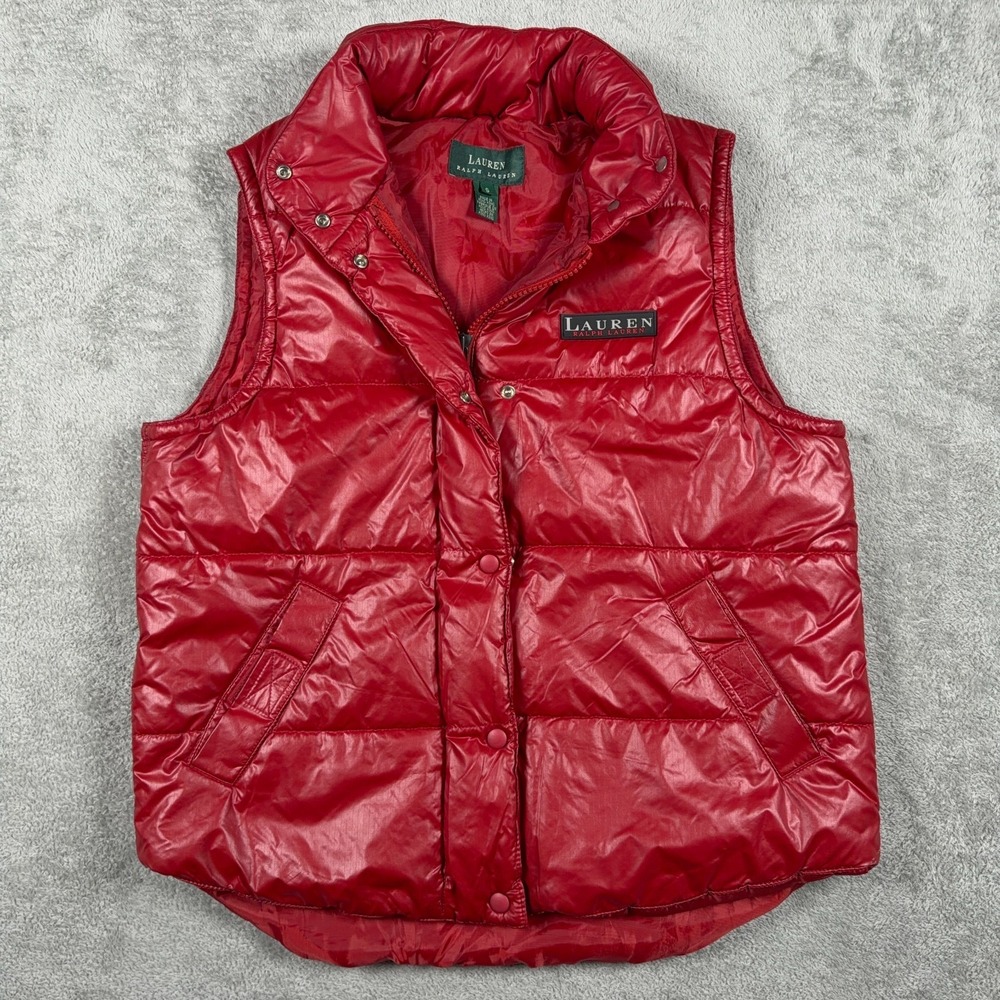 Lauren Ralph Lauren Vest Womens Small Red Quilted Puffer Full Zip Snap Hoodie *